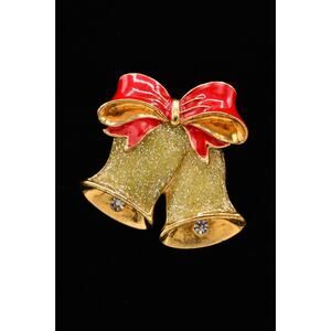 Avon Vintage Christmas Bells Pin Brooch Rhinestone Crystal Gold NR Signed BinAQ